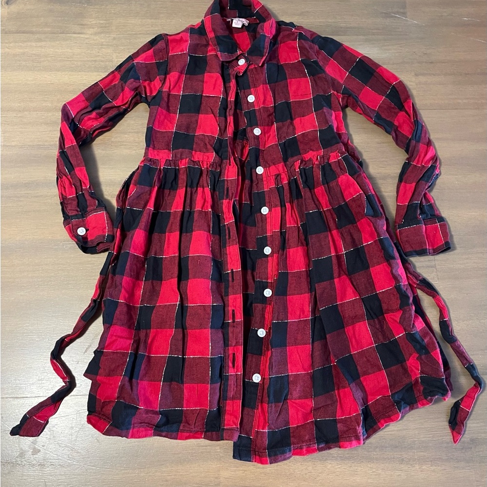 Red and Black Plaid Button-Up Dress